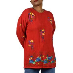 Vintage Birch Bros Eagles Eye Embroidery Sweater Red Floral Bouquet Medium Large